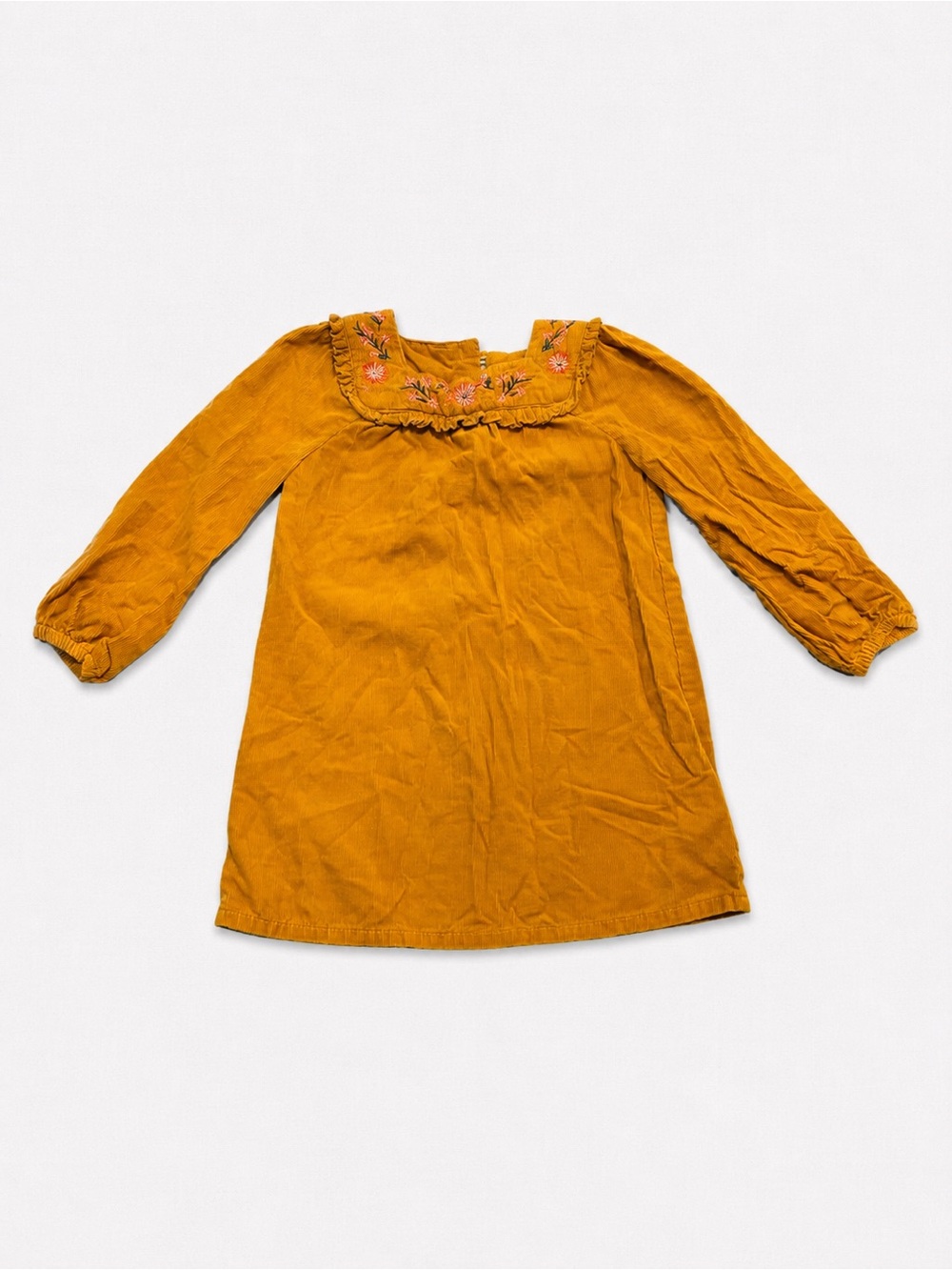 Kaisely Mustard Yellow Embroidered Corduroy Kids Dress